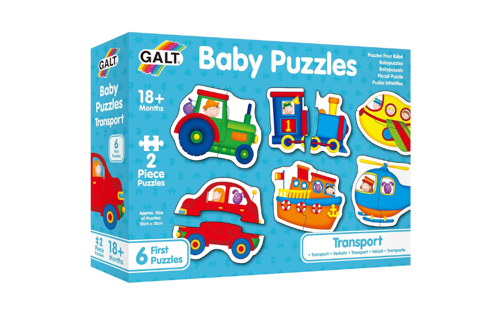 Galt baby puzzles transport set featuring colorful 2-piece jigsaws ideal for toddlers aged 18 months and up