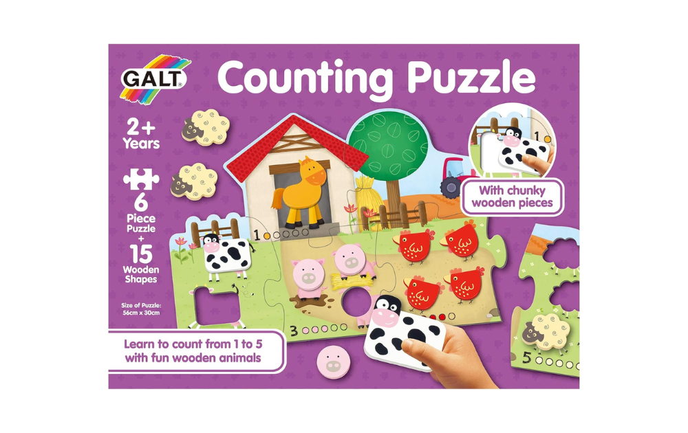 Galt Counting Puzzle learning toys with 6 piece jigsaw and 15 chunky wooden animal pieces for kids aged 2 and up