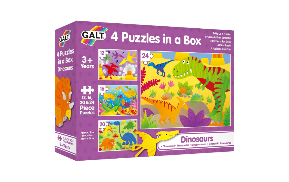 Galt 4 Puzzles in a Box featuring colorful dinosaurs puzzles for kids in four sizes for various skill levels