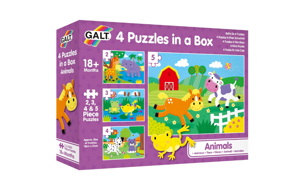 Galt 4 in a Box Animals puzzle featuring four colorful animal jigsaws for toddlers aged 18 months and up