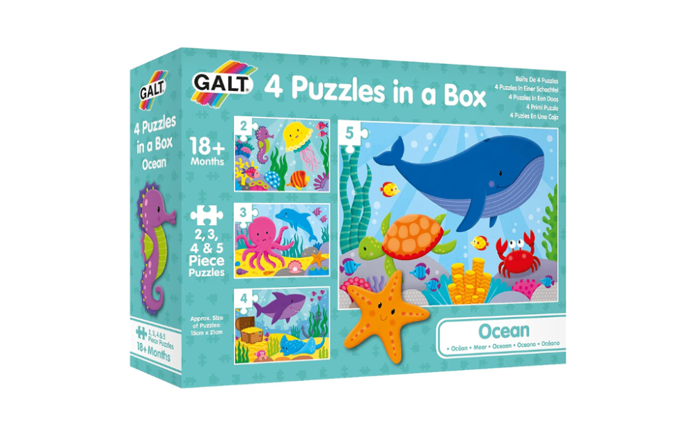 Galt Ocean puzzles for kids featuring colorful 4-piece jigsaw puzzles with sea creatures and underwater scenes