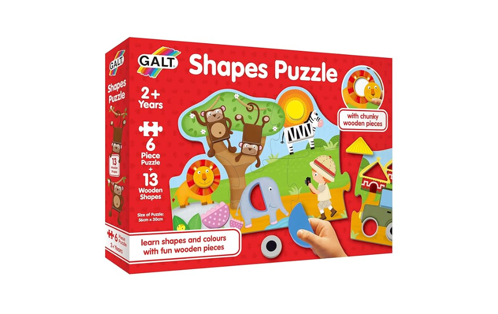 Galt Shapes Puzzle for toddlers featuring colorful wooden pieces and fun animal designs for learning shapes