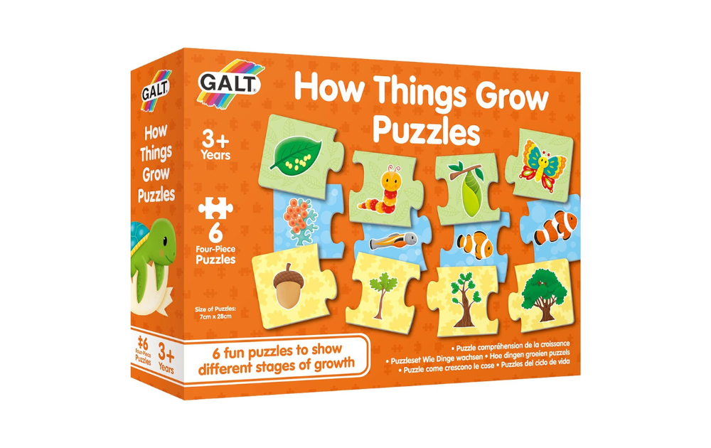 How Things Grow puzzles by Galt featuring six colorful jigsaw puzzles illustrating stages of growth for children