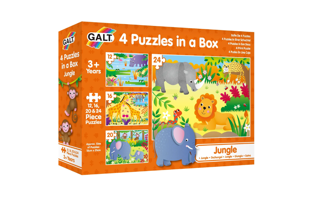 Galt jungle puzzles for children featuring four colorful puzzles in a box with various jungle animals