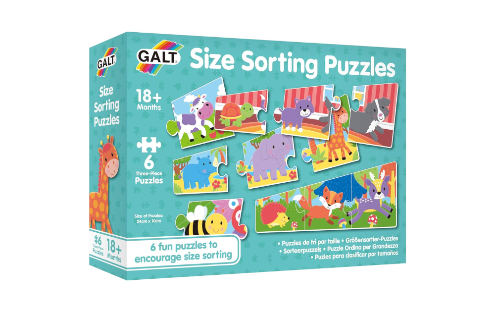 Colorful Galt Size Sorting Puzzle for toddlers featuring six animal puzzles to encourage size sorting skills