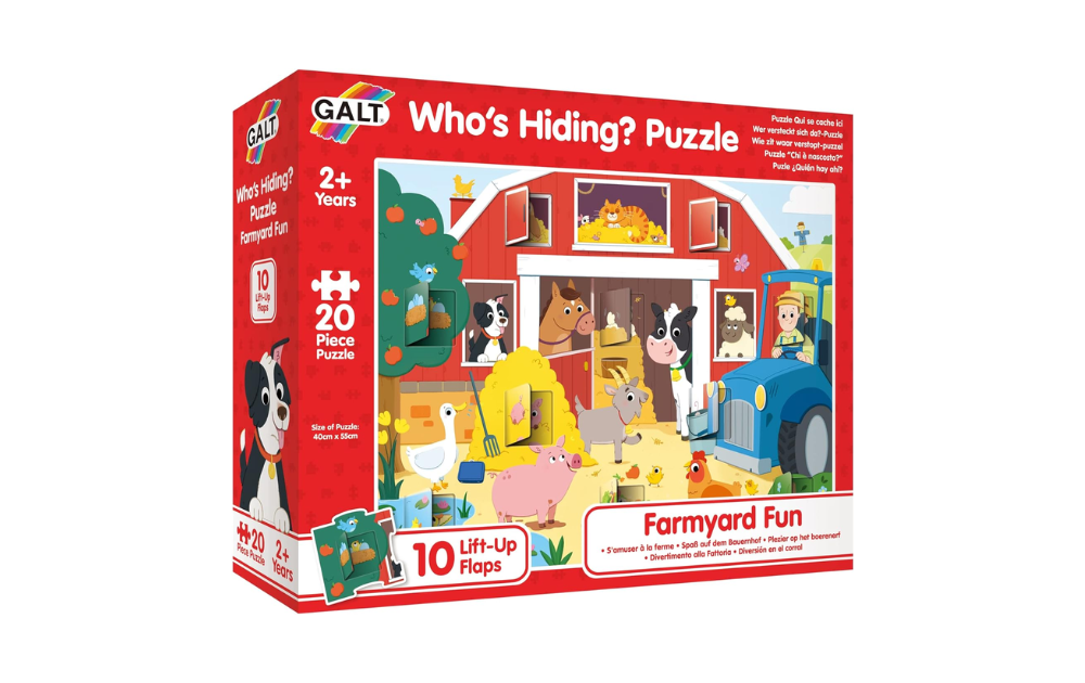 Galt Who's Hiding puzzle featuring colorful farm animals and 10 lift-up flaps for interactive play