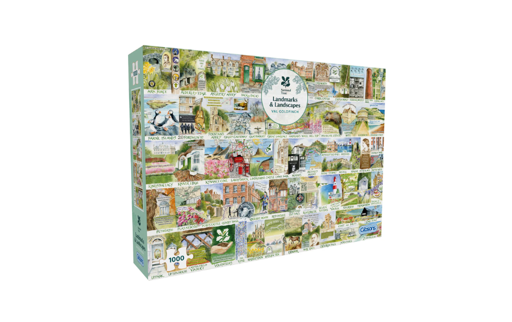 Gibsons 1000 Piece Landmarks & Landscapes Jigsaw Puzzle box featuring charming illustrations of landmarks