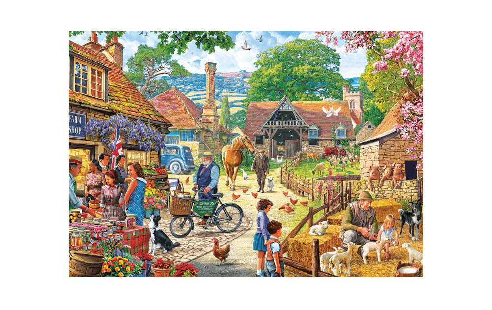 Gibsons 100XXL piece jigsaw for adults depicting a charming village scene with people and animals