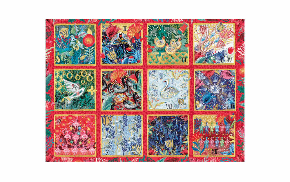 Gibsons 12 Days of Christmas puzzle featuring vibrant artwork and colorful holiday scenes in 1000 pieces