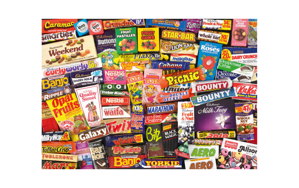 Gibsons 1980s nostalgia jigsaw puzzle featuring classic candy wrappers and snacks from the decade