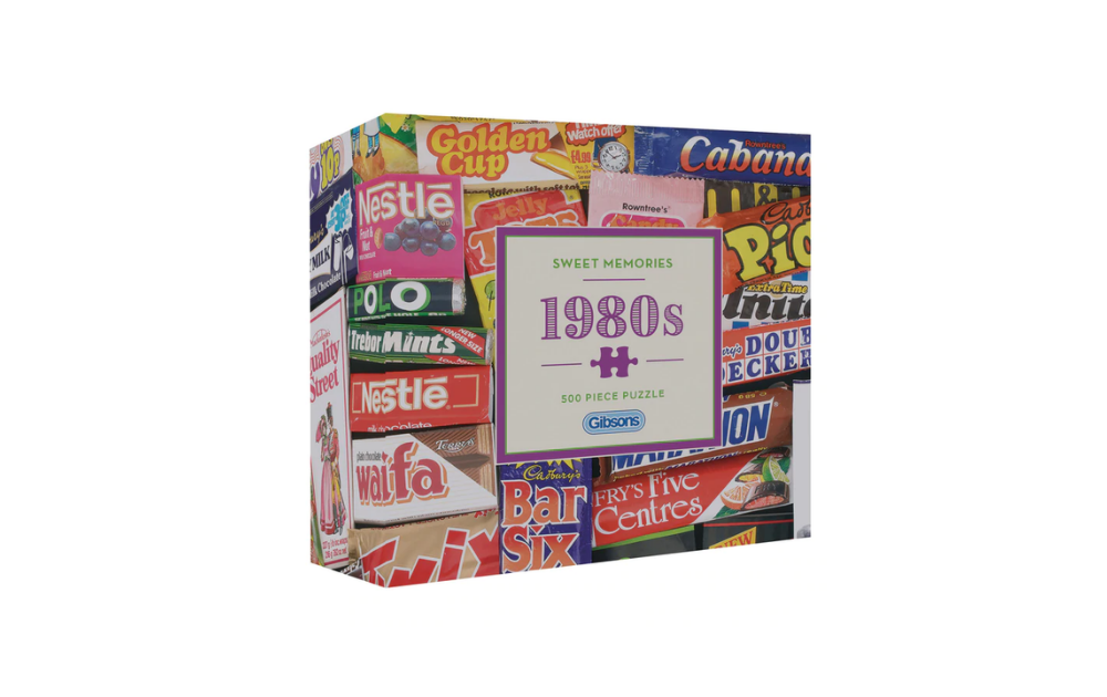 Gibsons 1980s nostalgia jigsaw puzzle with vibrant candy and snack packaging from the decade