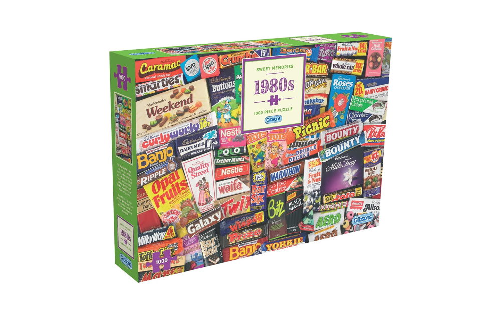 Gibsons 1980s nostalgia puzzle featuring iconic candy and snacks from the 1980s on the box cover