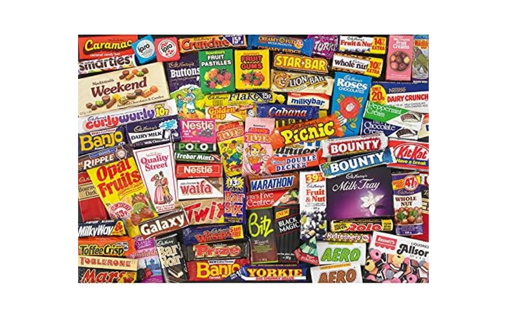 Gibsons 1980s nostalgia puzzle featuring iconic snack wrappers and candy packaging from the 1980s