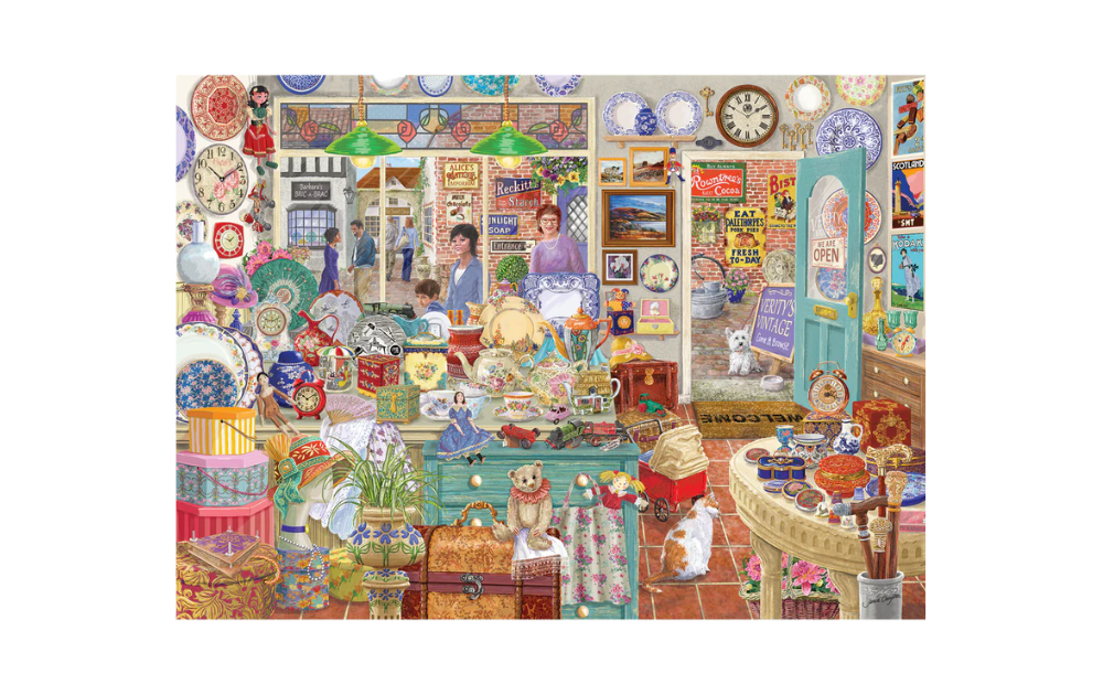 Gibsons 2000 piece vintage shop puzzle featuring a colorful assortment of antiques and collectibles