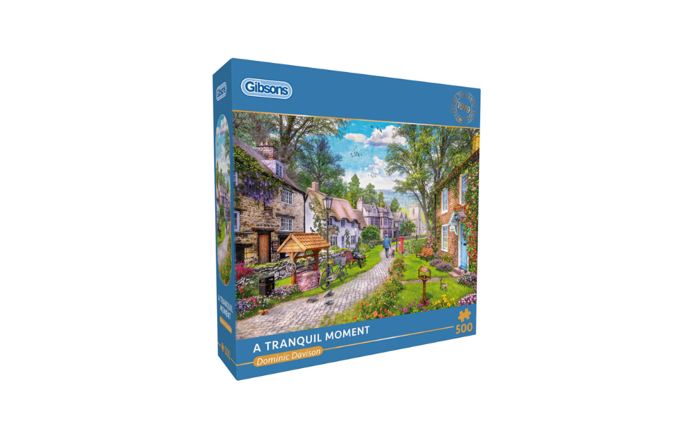 Gibsons 500 Piece A Tranquil Moment Jigsaw Puzzle featuring a peaceful village scene