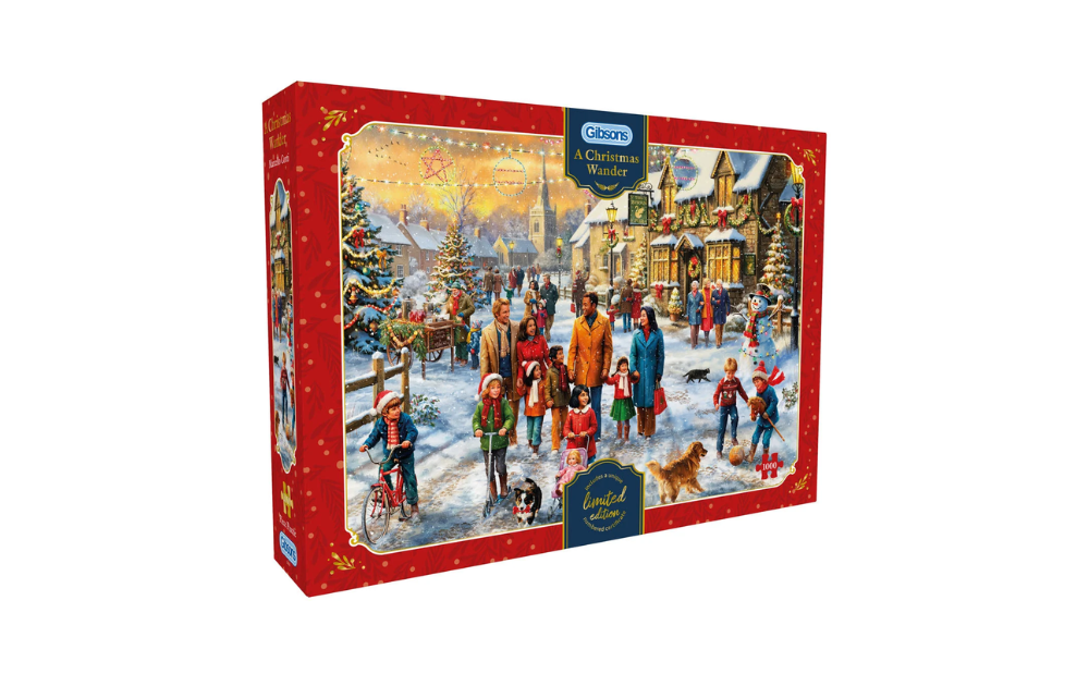 A Christmas Wander Limited Edition 1000 Piece Jigsaw Puzzle by Gibsons featuring a festive winter scene with joyful characters