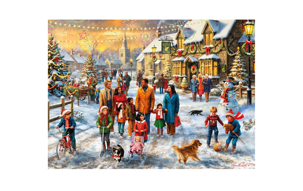 A Christmas Wander Limited Edition 1000 Piece Jigsaw Puzzle by Gibsons depicting a festive winter village scene