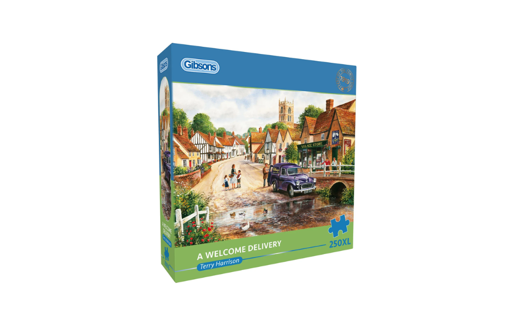 A Welcome Delivery 250XL Piece Jigsaw Puzzle by Gibsons featuring a charming village scene with a vintage car