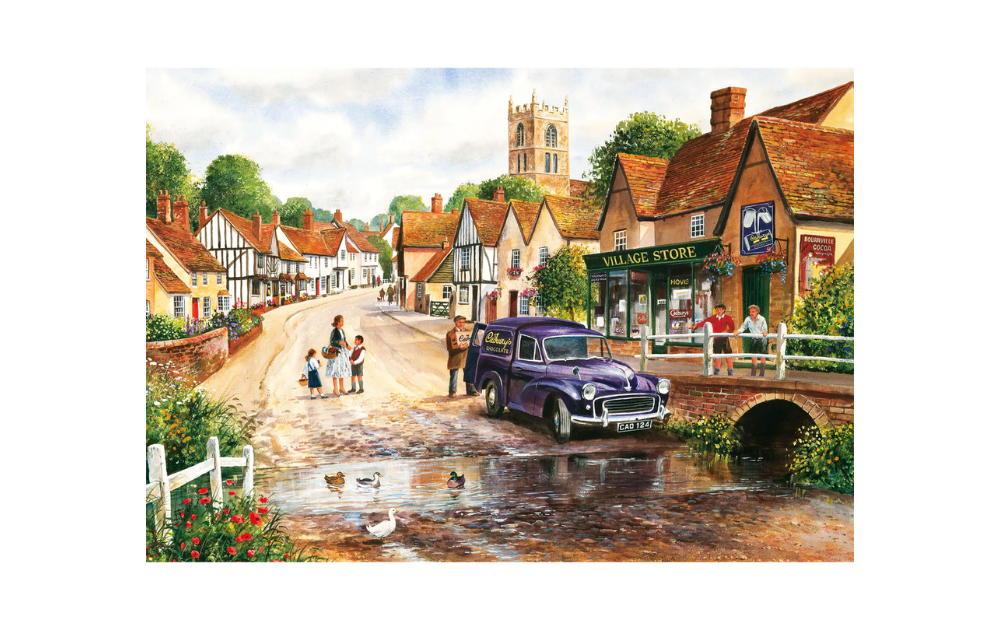 A Welcome Delivery 250XL Piece Jigsaw Puzzle by Gibsons, depicting a picturesque village scene with a purple truck