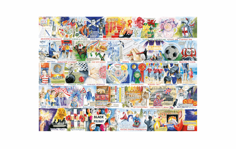 Gibsons A Year in Great Britain puzzle featuring vibrant illustrations of seasonal events and cultural icons