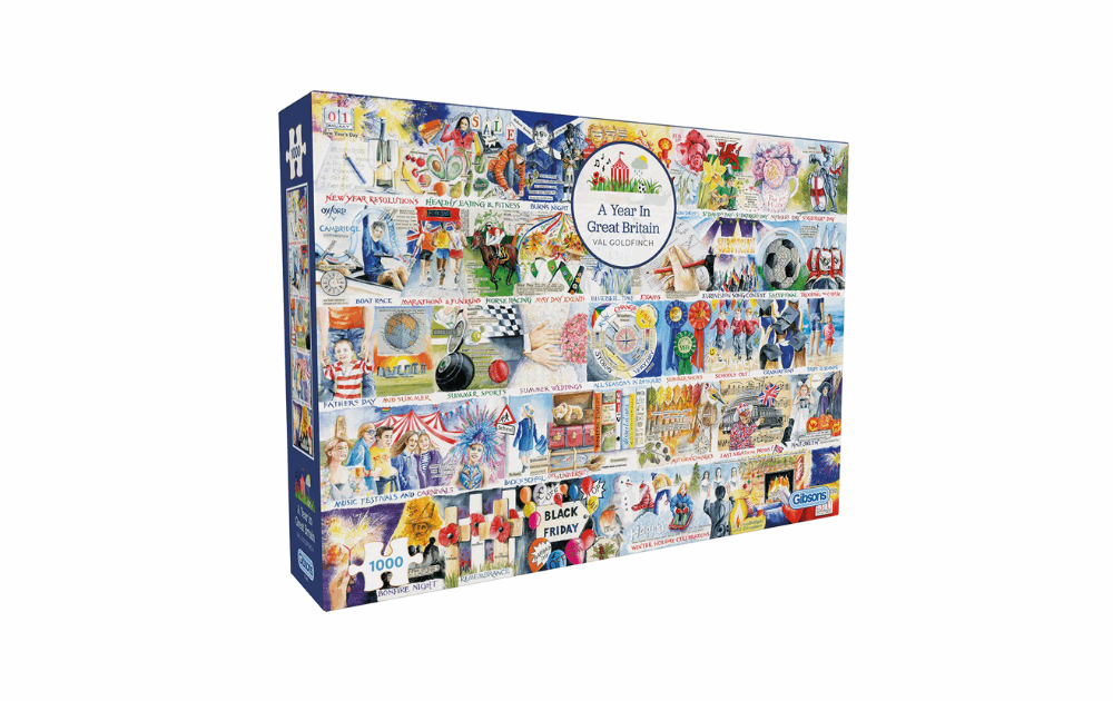 Gibsons A Year in Great Britain puzzle 1000 pieces featuring colorful artwork and British themes