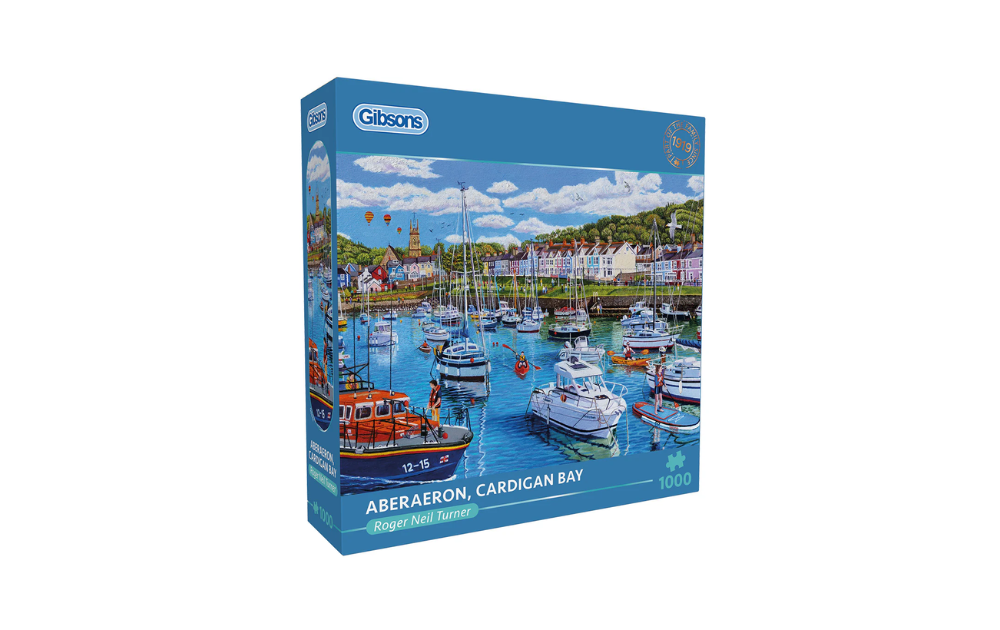 Gibsons box featuring colourful Aberaeron harbour scene Aberaeron Cardigan Bay 1000 piece jigsaw puzzle.