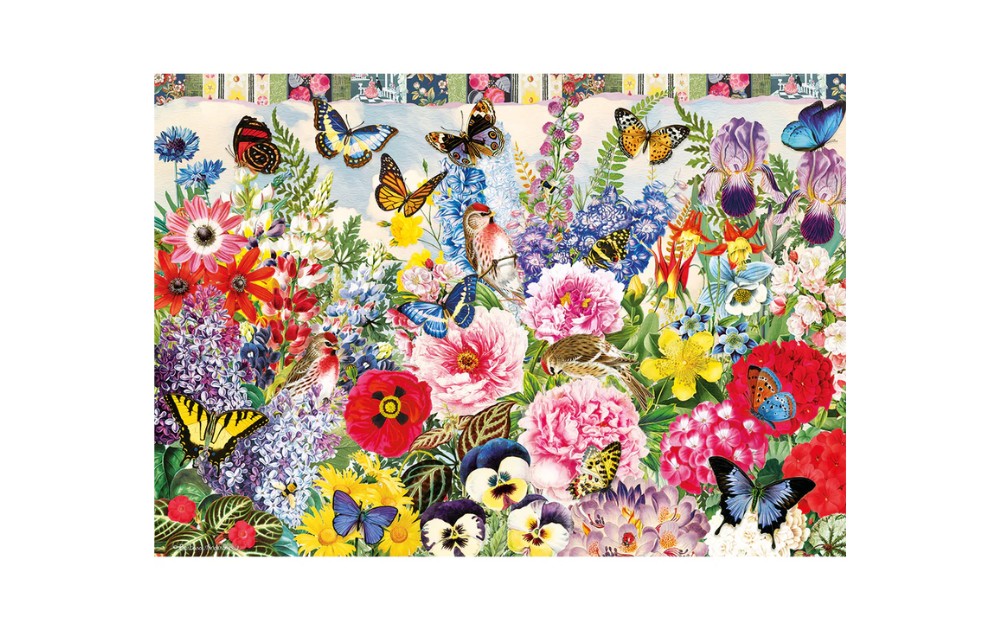 Gibsons Apple Blossom Beauties jigsaw puzzle featuring vibrant flowers and colorful butterflies