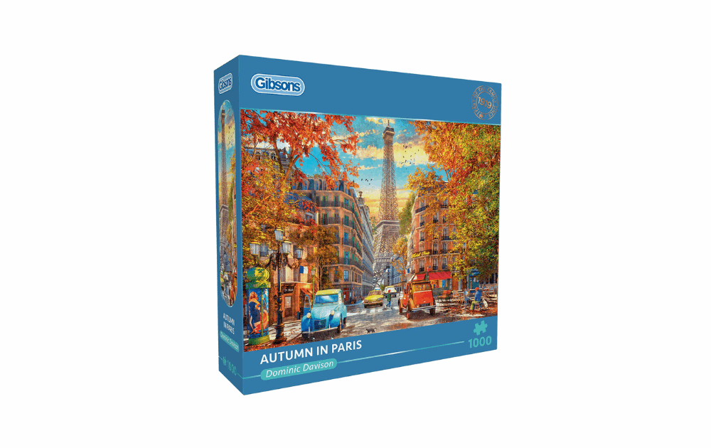 Gibsons Autumn Paris puzzle 1000 piece featuring a vibrant autumn scene with the Eiffel Tower