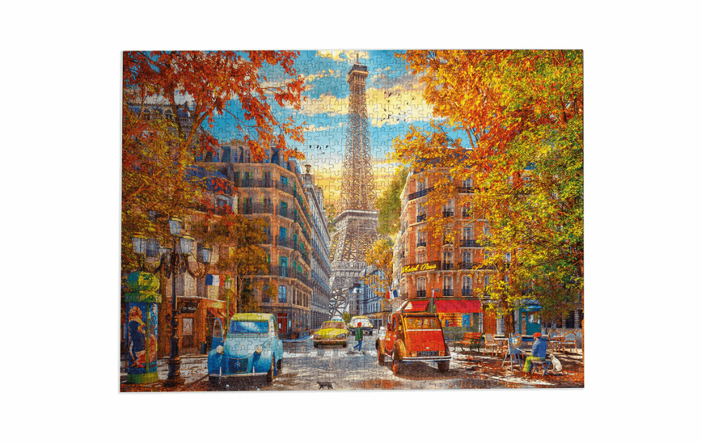 Gibsons Autumn Paris puzzle 1000 piece featuring the Eiffel Tower and colorful autumn streets