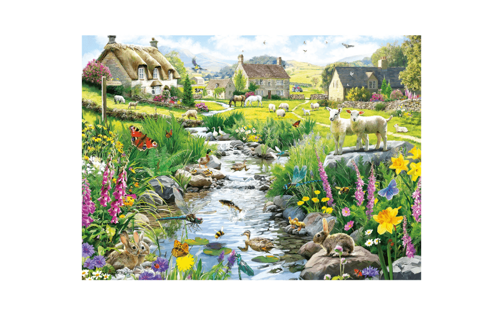 Gibsons Babbling Brook 500 piece jigsaw puzzle featuring a picturesque scene with flowers, animals, and a serene stream