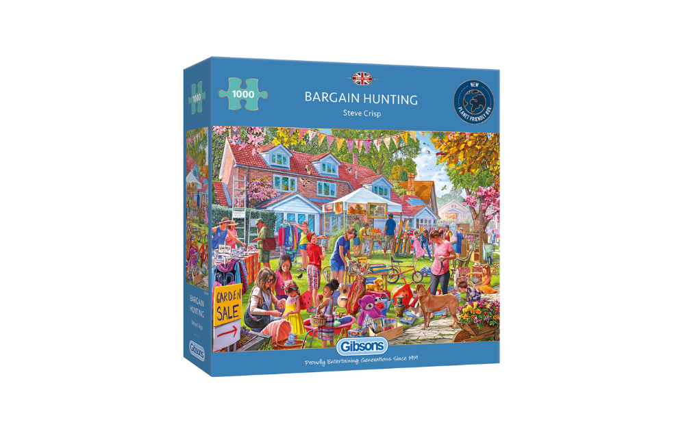 Gibsons Bargain Hunting puzzle featuring a lively market scene filled with people and colorful stalls