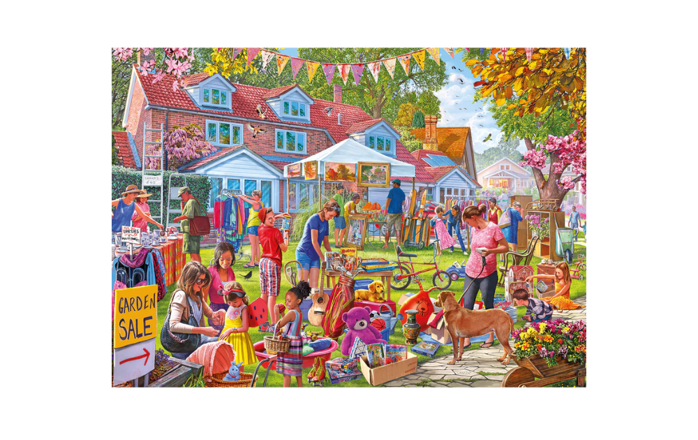 Gibsons Bargain Hunting puzzle featuring a colorful yard sale scene with families and pets
