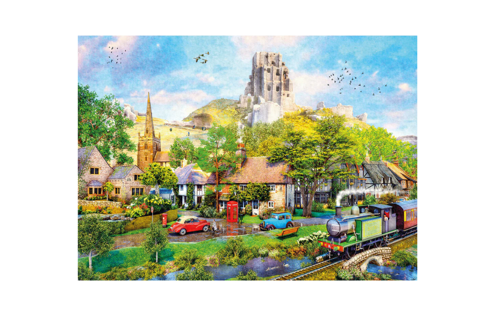 Below Corfe Castle puzzle featuring a scenic village with a steam train and lush landscapes