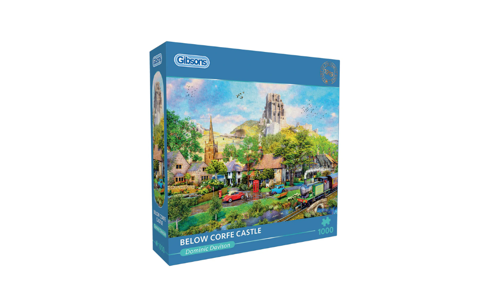 Gibsons Below Corfe Castle puzzle featuring a scenic view with colorful buildings and nature