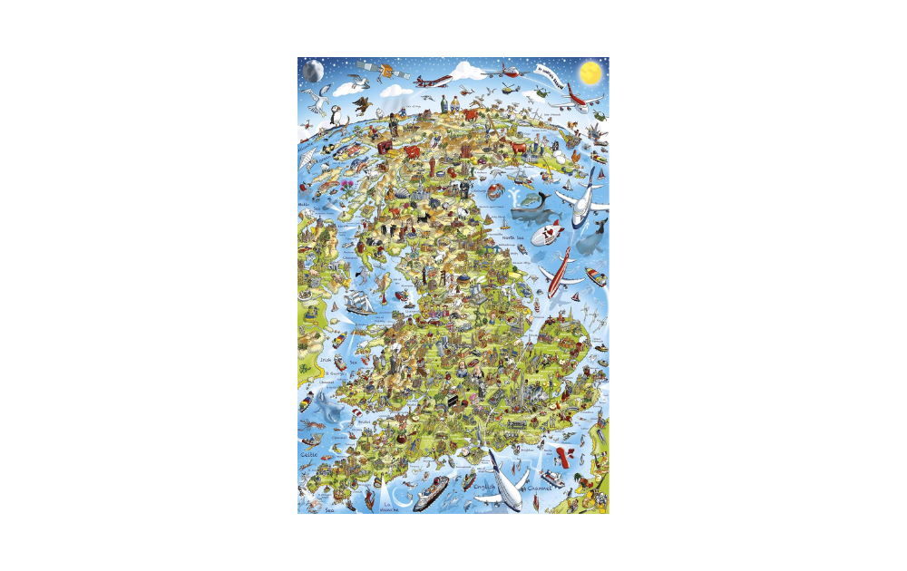 Gibsons Best of British jigsaw puzzle featuring a colorful map of the UK with landmarks and activities
