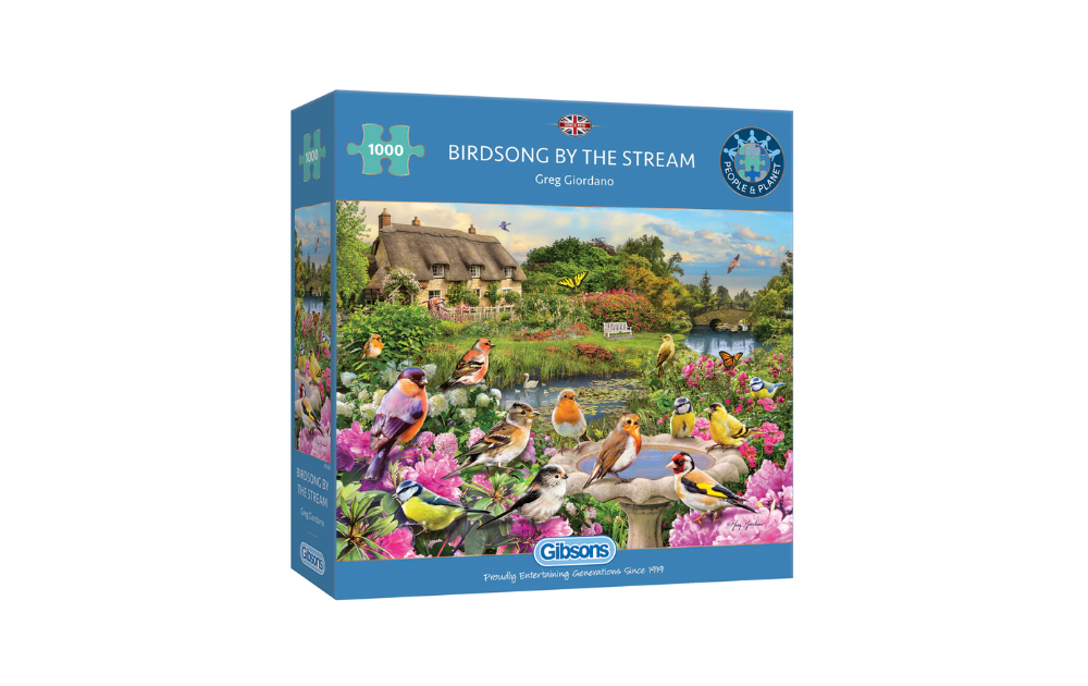 Gibsons Birdsongs by the Stream puzzle featuring a vibrant nature scene with colorful birds and flowers