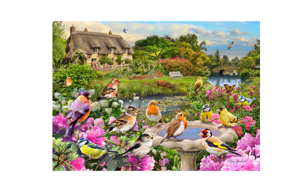 Colorful Birdsong by the Stream puzzle featuring various birds in a vibrant floral garden setting