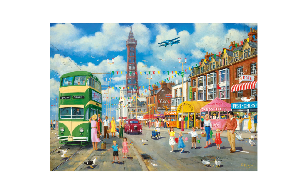 Gibsons Blackpool Promenade puzzle featuring a vibrant seaside scene with trams and families enjoying the beach