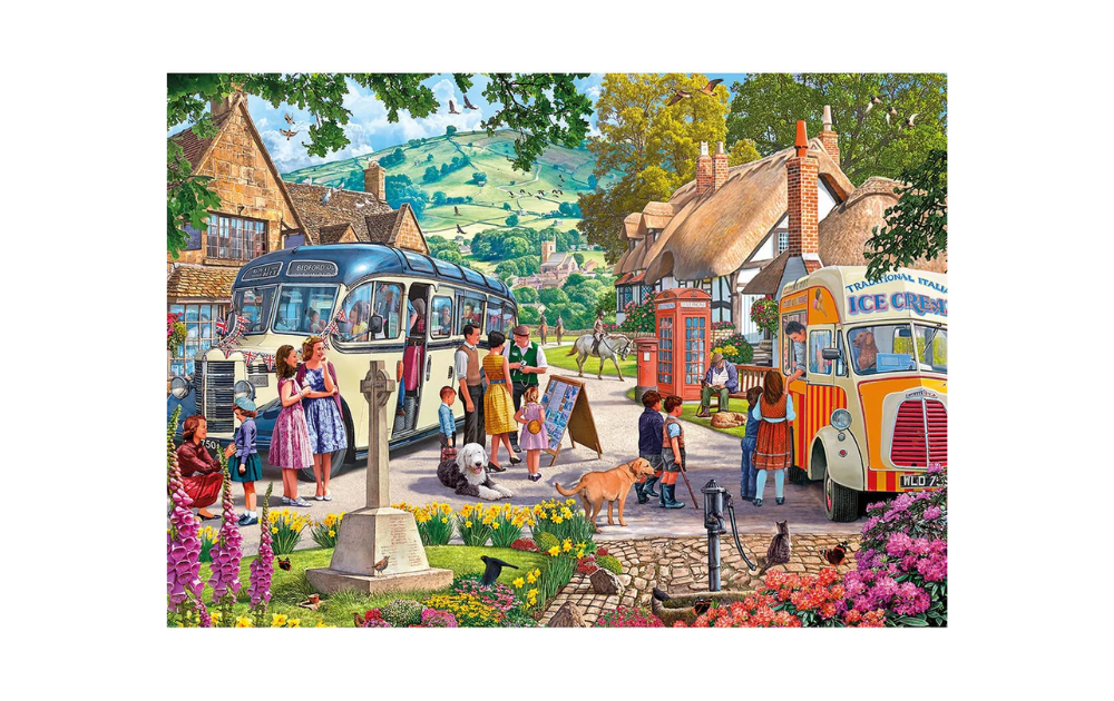 Gibsons Boarding the Bus puzzle depicting a vibrant scene of villagers and a classic bus in a picturesque landscape
