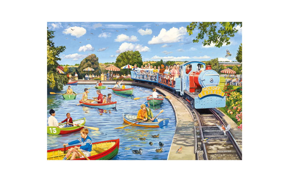 Gibsons Boating Lake puzzle 1000 pieces featuring a vibrant scene of people enjoying boats near a train