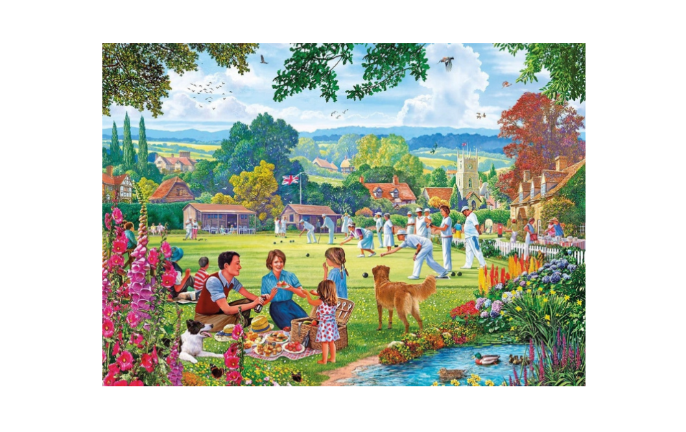 Gibsons Bowling by the Brook puzzle featuring a vibrant countryside scene with families enjoying a picnic and bowling