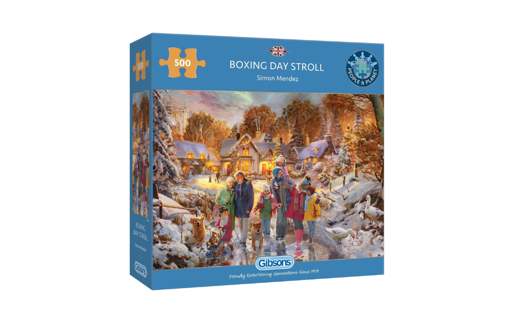 Gibsons Boxing Day Stroll puzzle featuring a winter scene with families walking in the snow