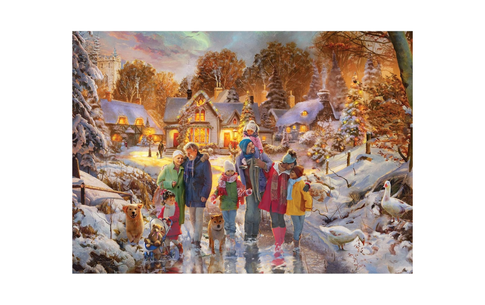 Gibsons Boxing Day Stroll puzzle featuring a winter scene with a family walking in the snow with dogs