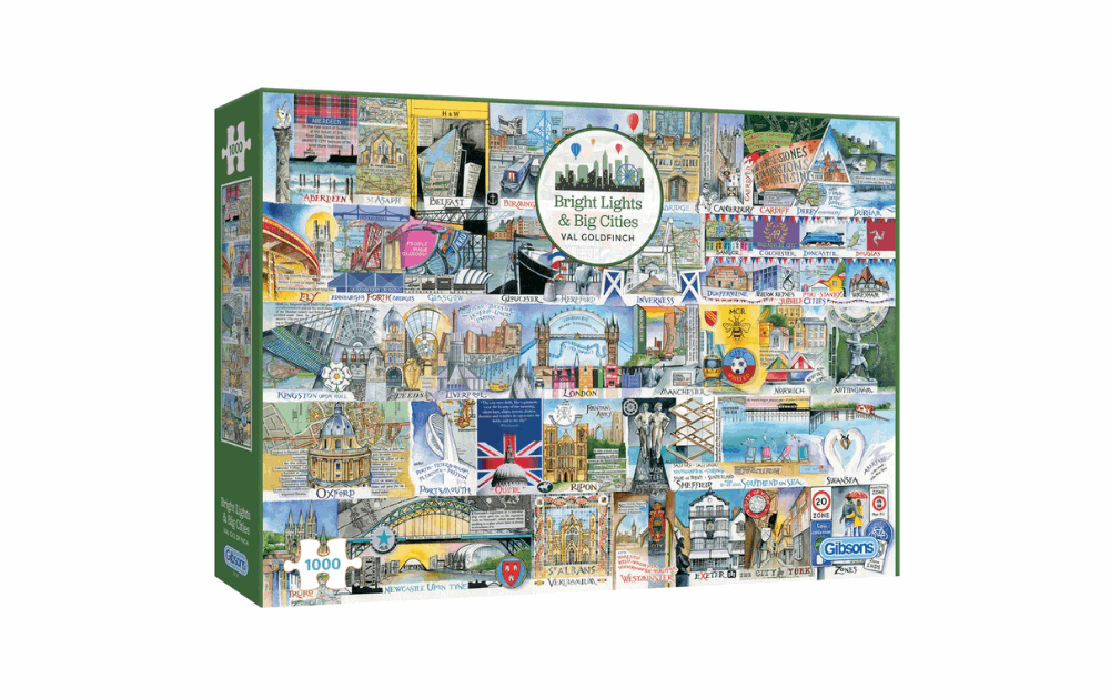 Gibsons Bright Lights & Big Cities puzzle with 1000 colorful pieces showcasing famous landmarks