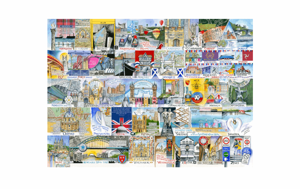 Gibsons Bright Lights & Big Cities puzzle featuring iconic landmarks and vibrant city scenes