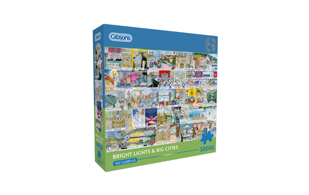 Gibsons Bright Lights Big Cities jigsaw puzzle box featuring vibrant city scenes and landmarks