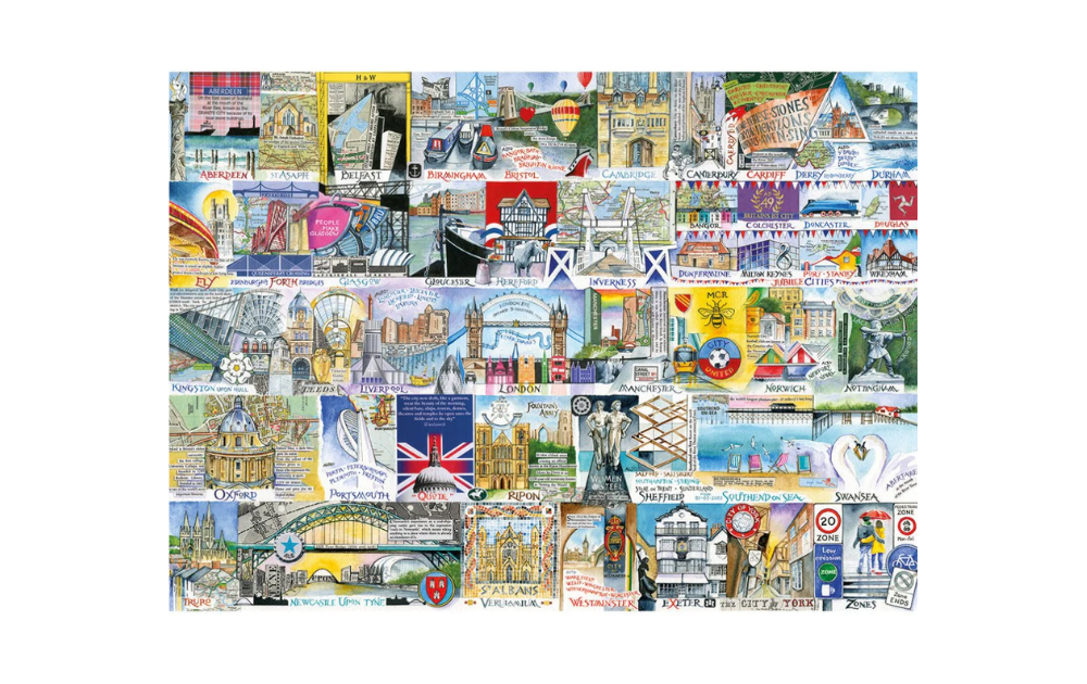Bright Lights Big Cities jigsaw featuring colorful illustrations of famous landmarks and cityscapes
