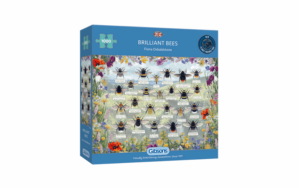 Gibsons Brilliant Bees puzzle featuring a vibrant illustration of various bees among flowers
