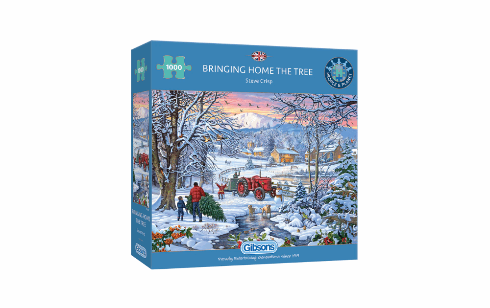 Gibsons Bringing Home The Tree puzzle featuring a snowy landscape with a red tractor and festive trees