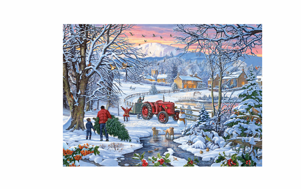 Gibsons Bringing Home The Tree puzzle featuring a winter scene with a red tractor and family carrying a Christmas tree